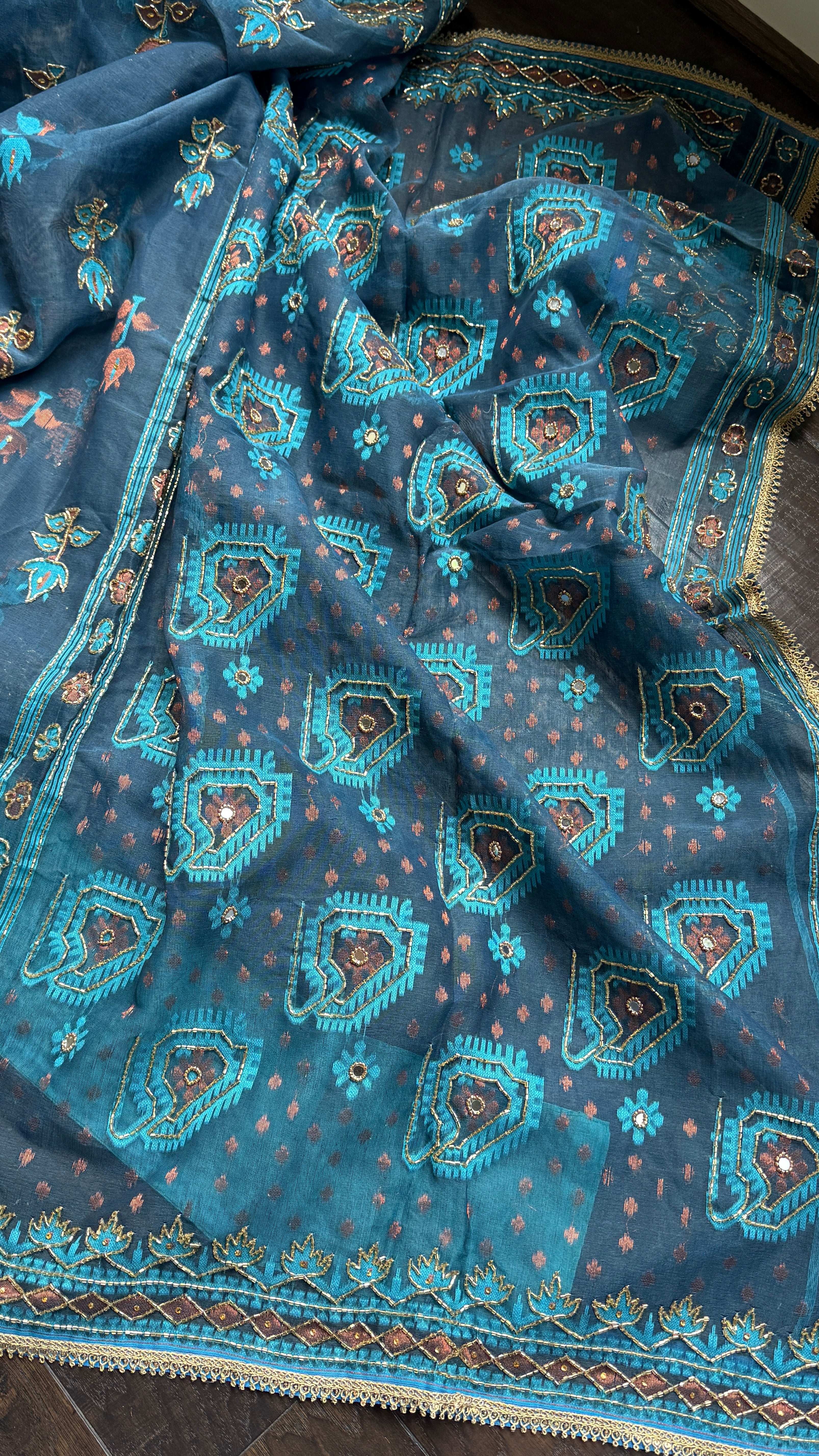 Designer Jamdaani Cutdana Embroidered - Light Firozi