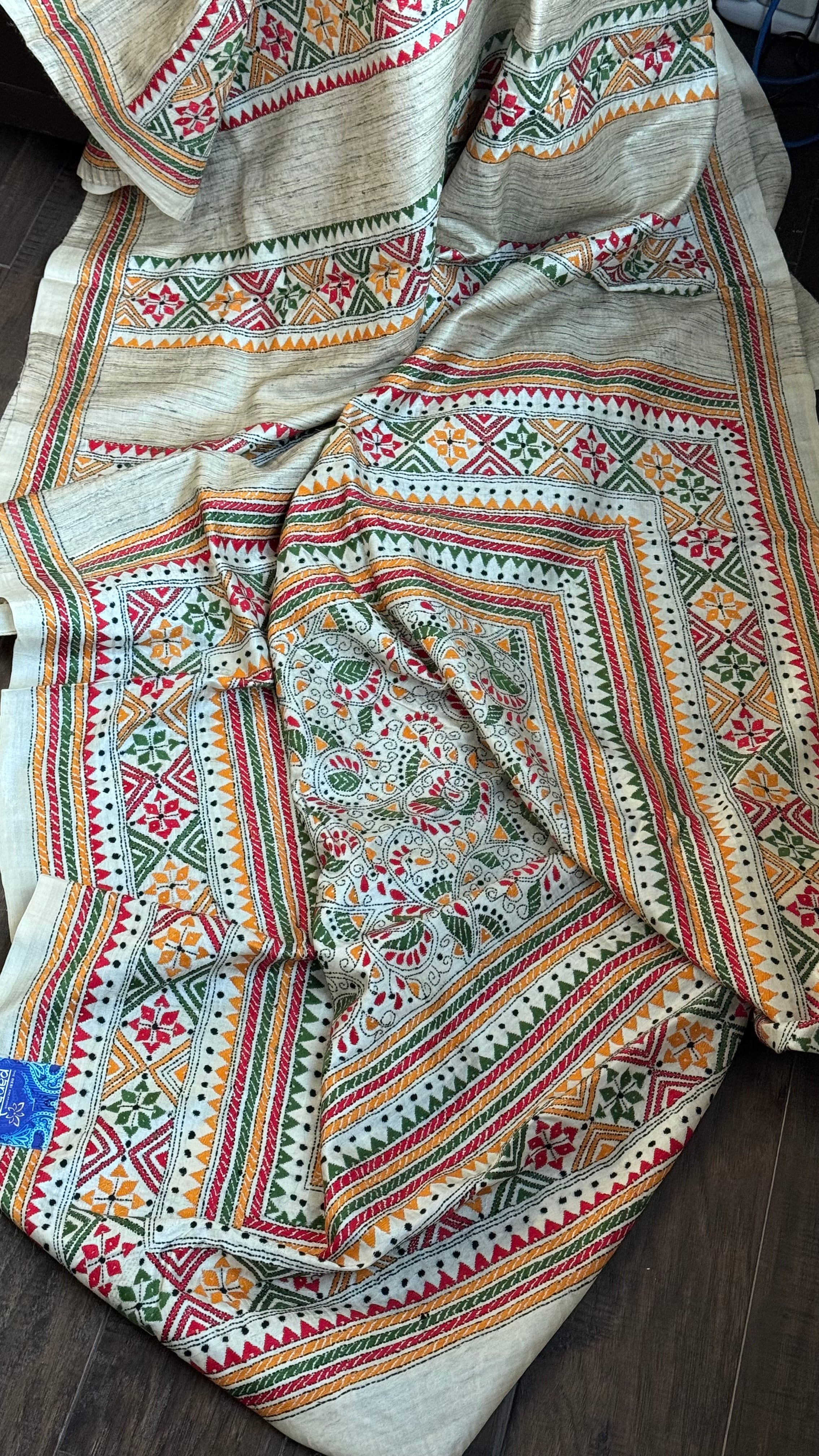 Pure Tussar Silk Kantha Stitch - Beige Multi color