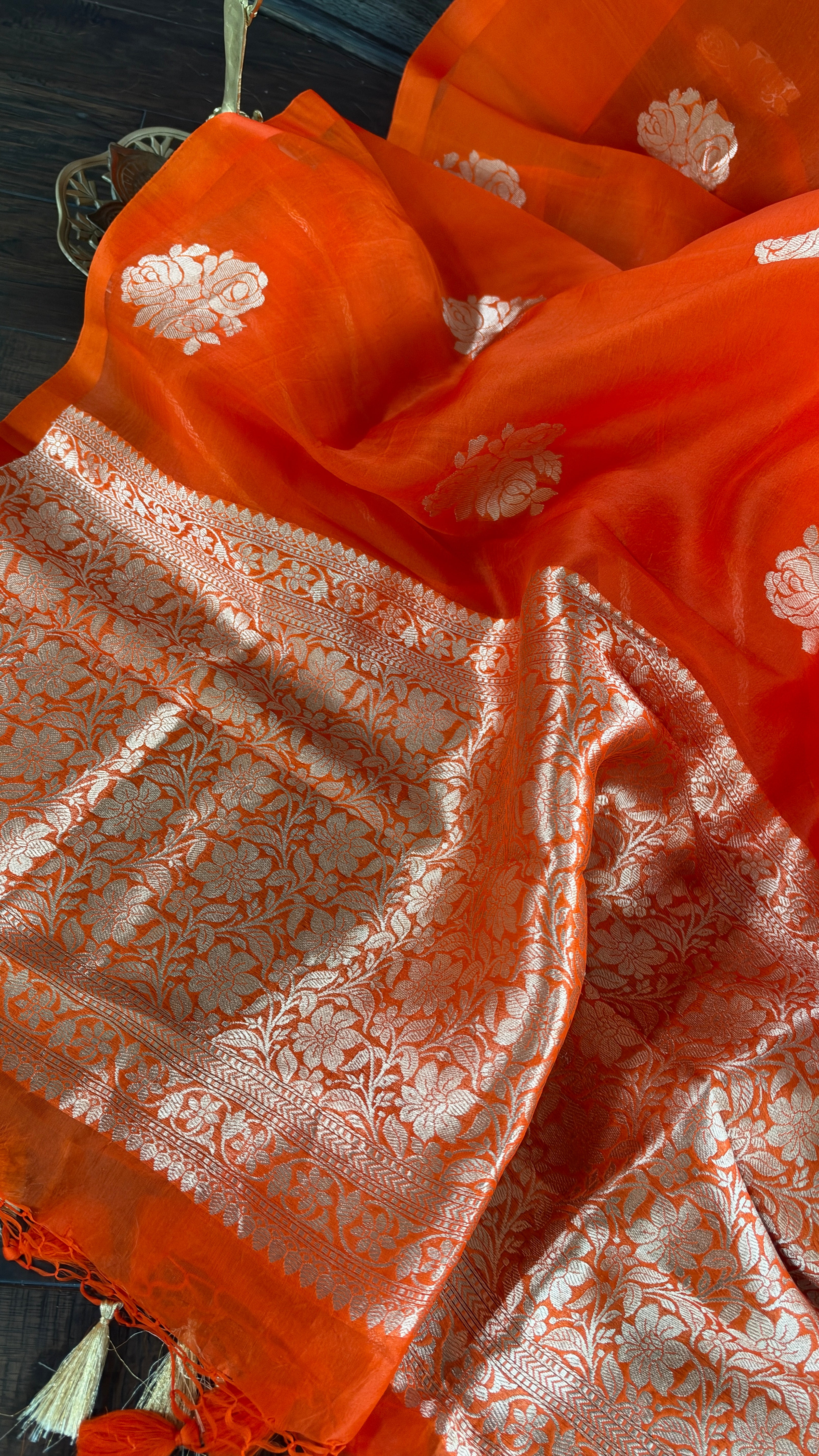 Kora Silk Banarasi - Fanta Orange