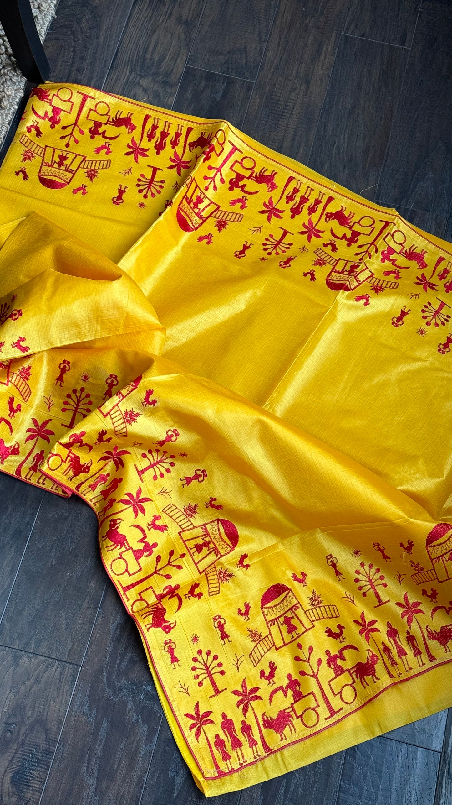 Tussar Silk - Yellow Worli Embroidered