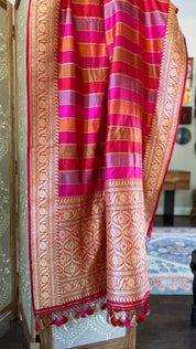 Pure Silk Rangkat Banarasi - Pink Red Multi shaded Kadwa