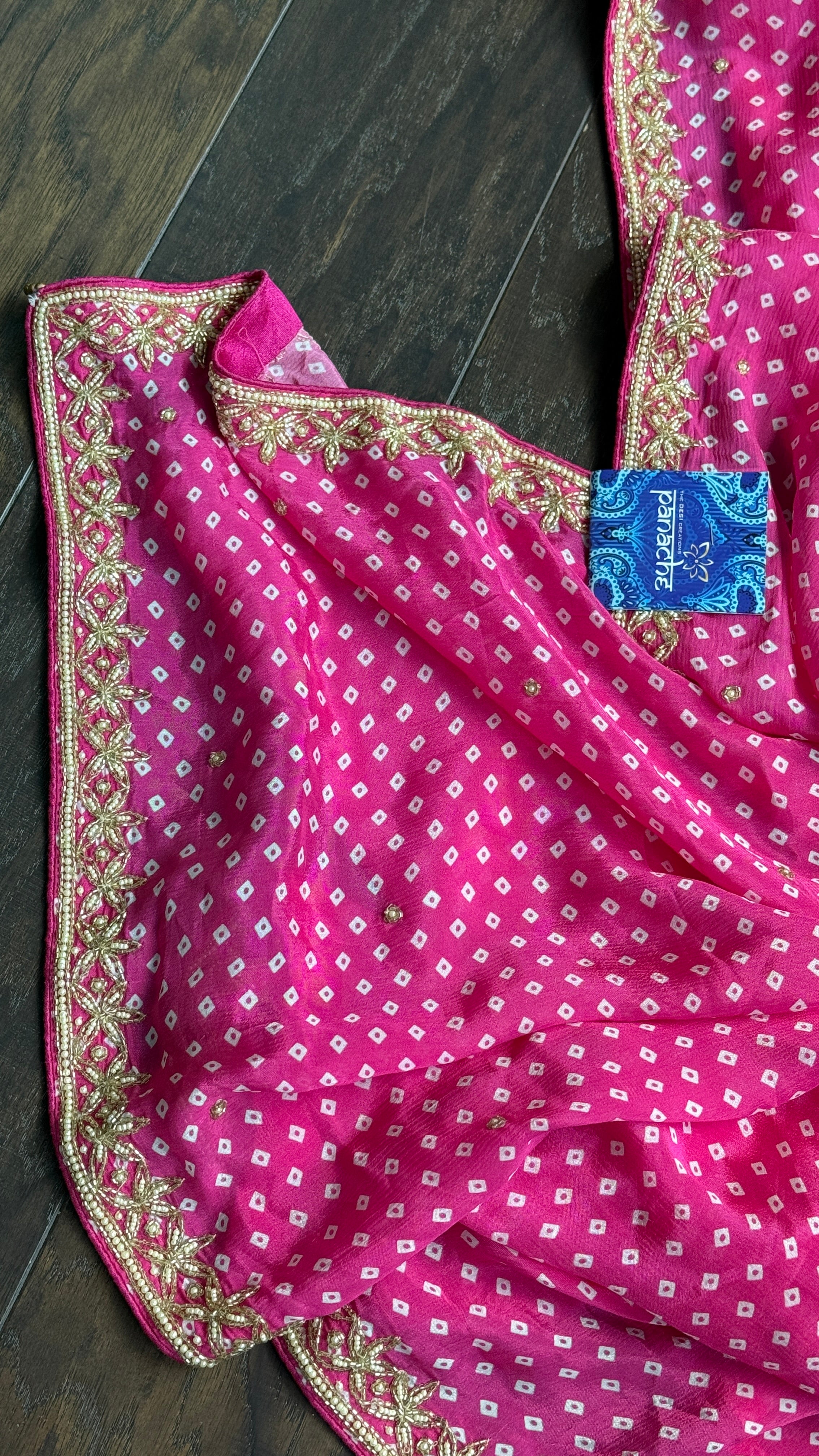 Designer Satin Georgette - Pink Bandhej Print