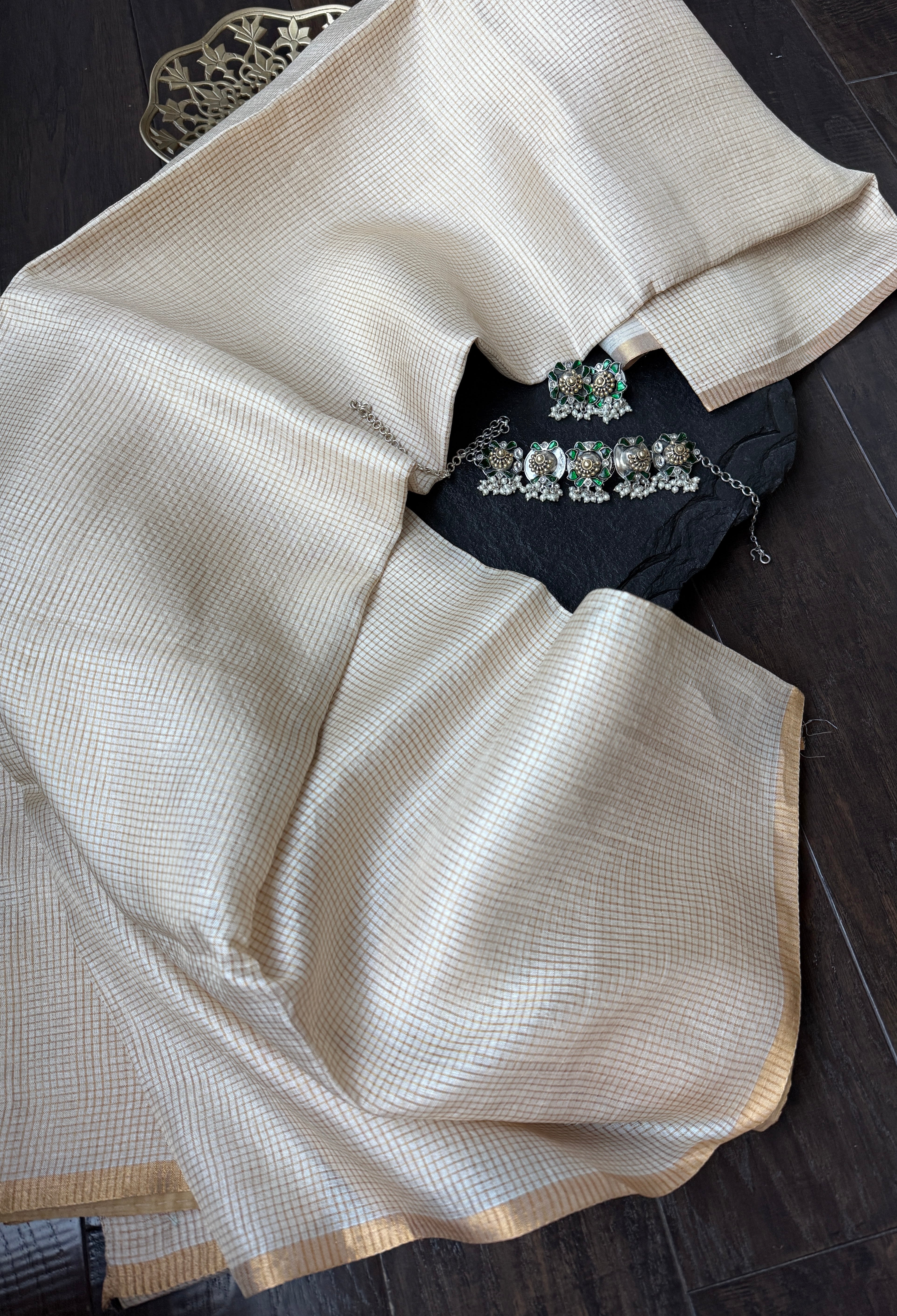 Pure Tussar Silk - Beige Golden Zari Checks