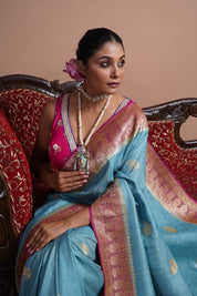 Khaddi Tussar Georgette Banarasi - Light Blue Pink Kadhua