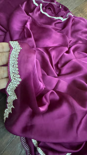 Designer Satin Silk - Wine Stone Border