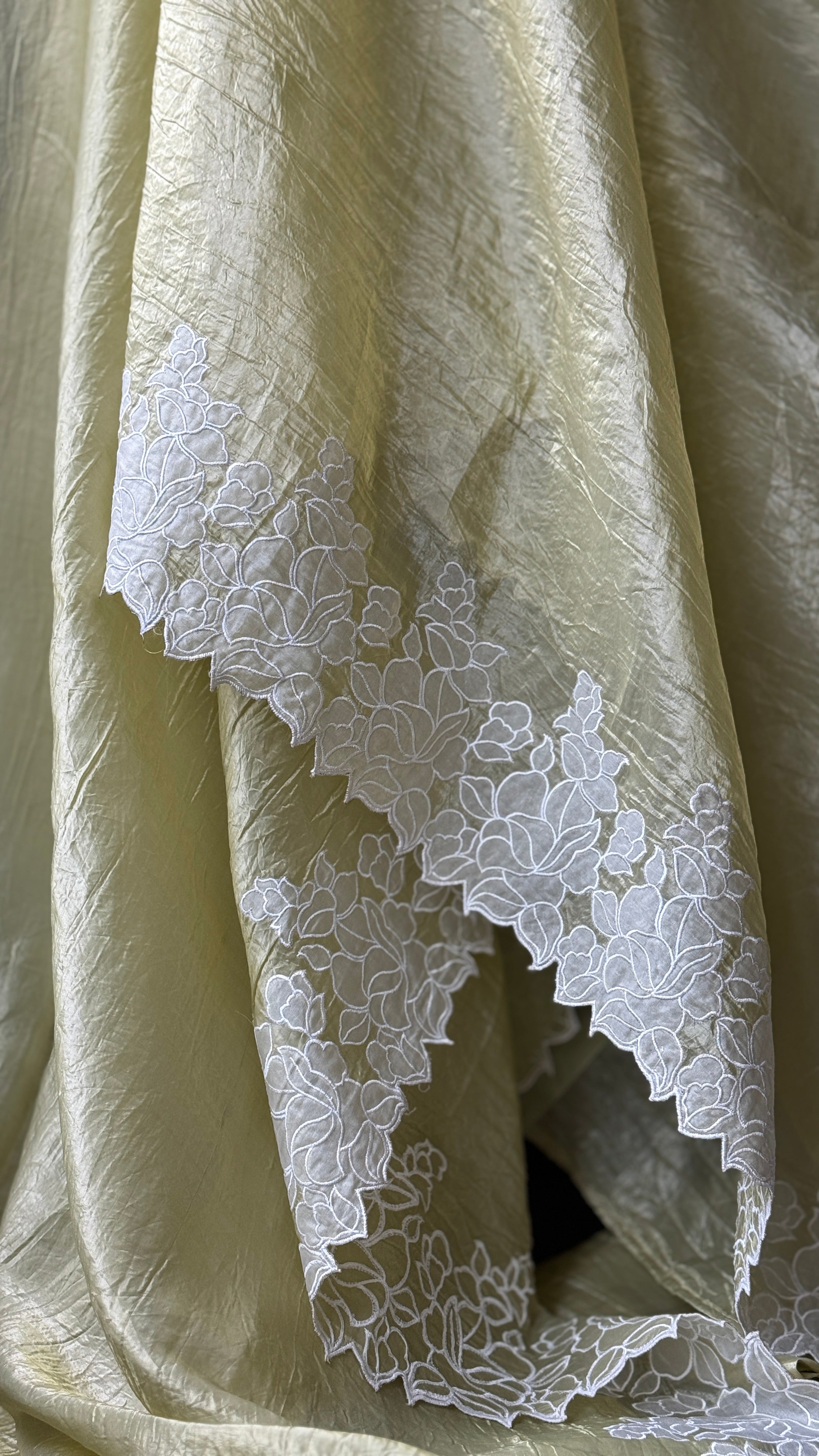 Designer Crushed Tissue Silk - Light Pista Appliqué Embroidered