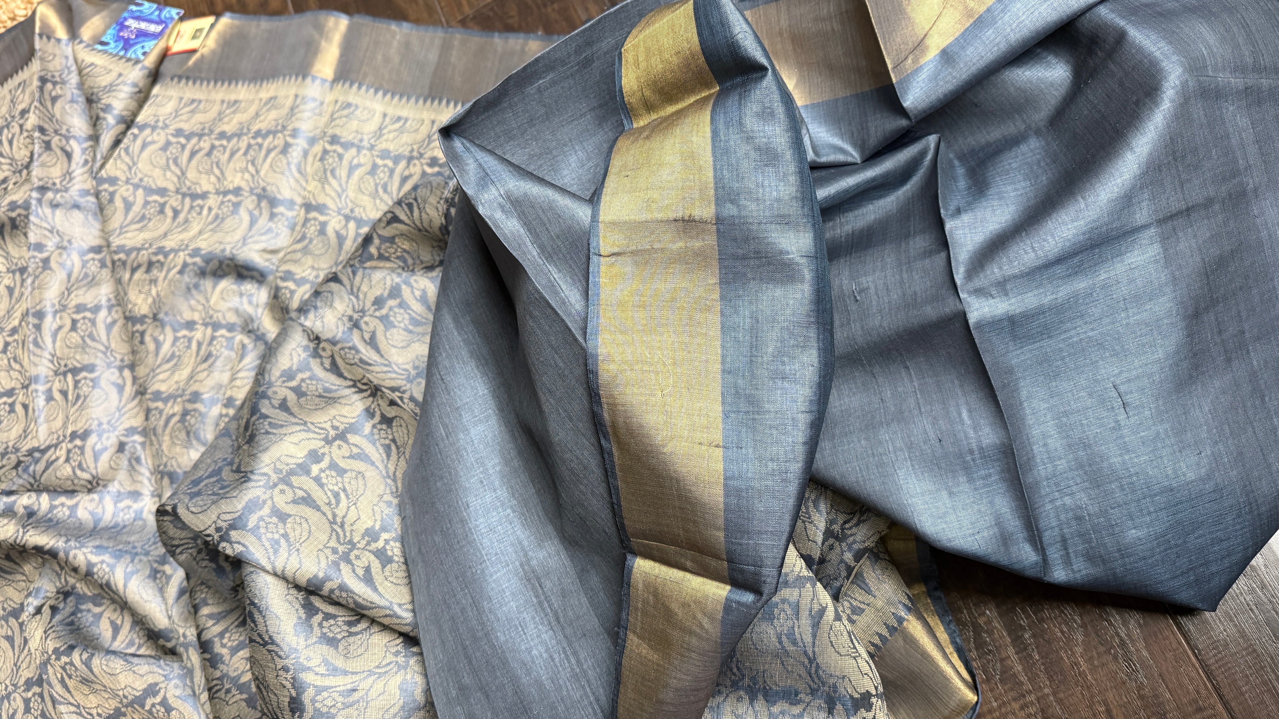 Tussar Silk - Steel Grey Resham Woven