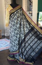 Pure Silk Ikat -  Silver Grey Black Pochampally