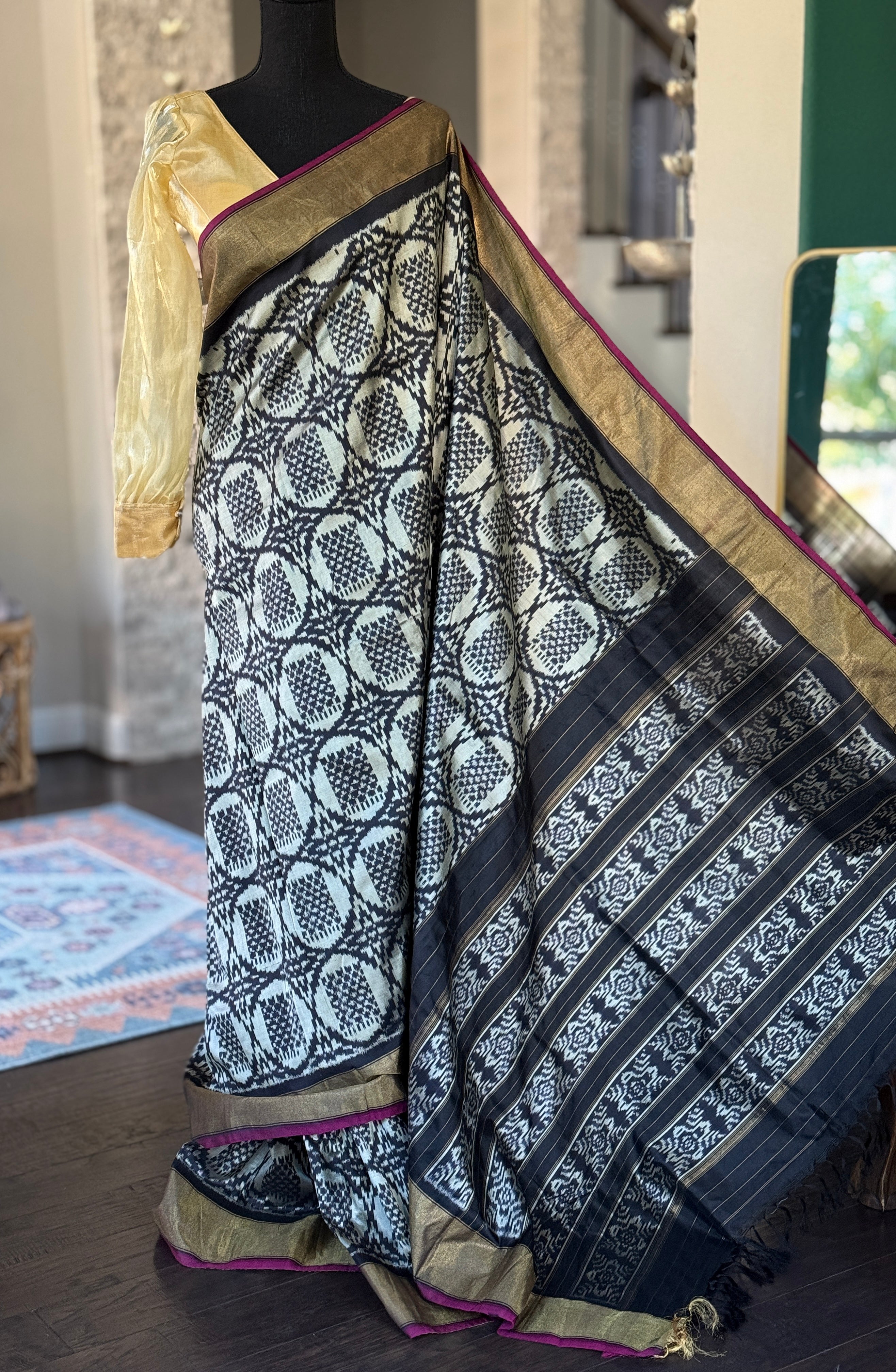 Pure Silk Ikat -  Silver Grey Black Pochampally