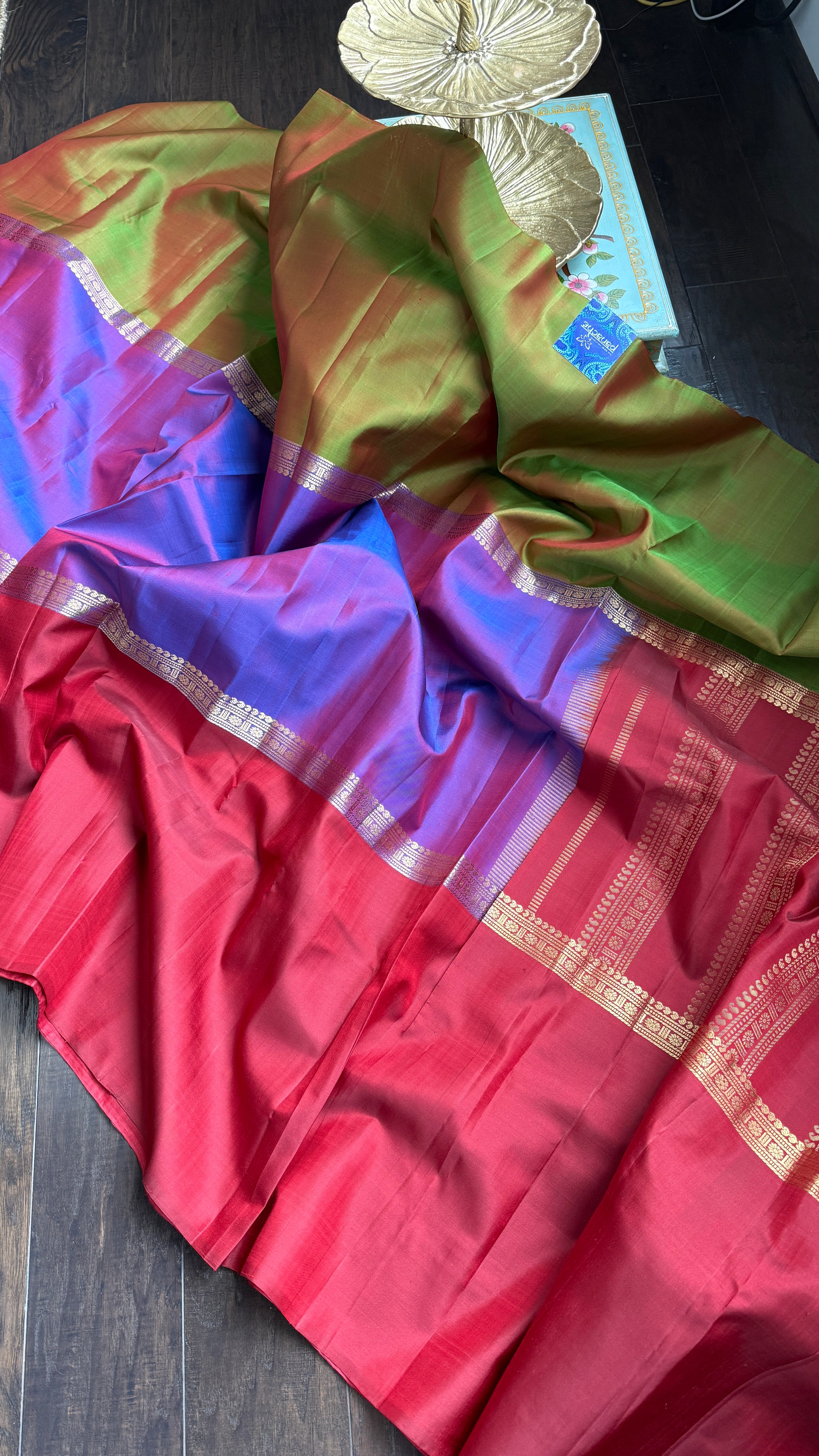 Pure Silk Mubbagam Kanjivaram - Red Green Purple Woven