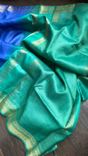 Handwoven Tussar Silk - Royal Blue Green Golden Zari