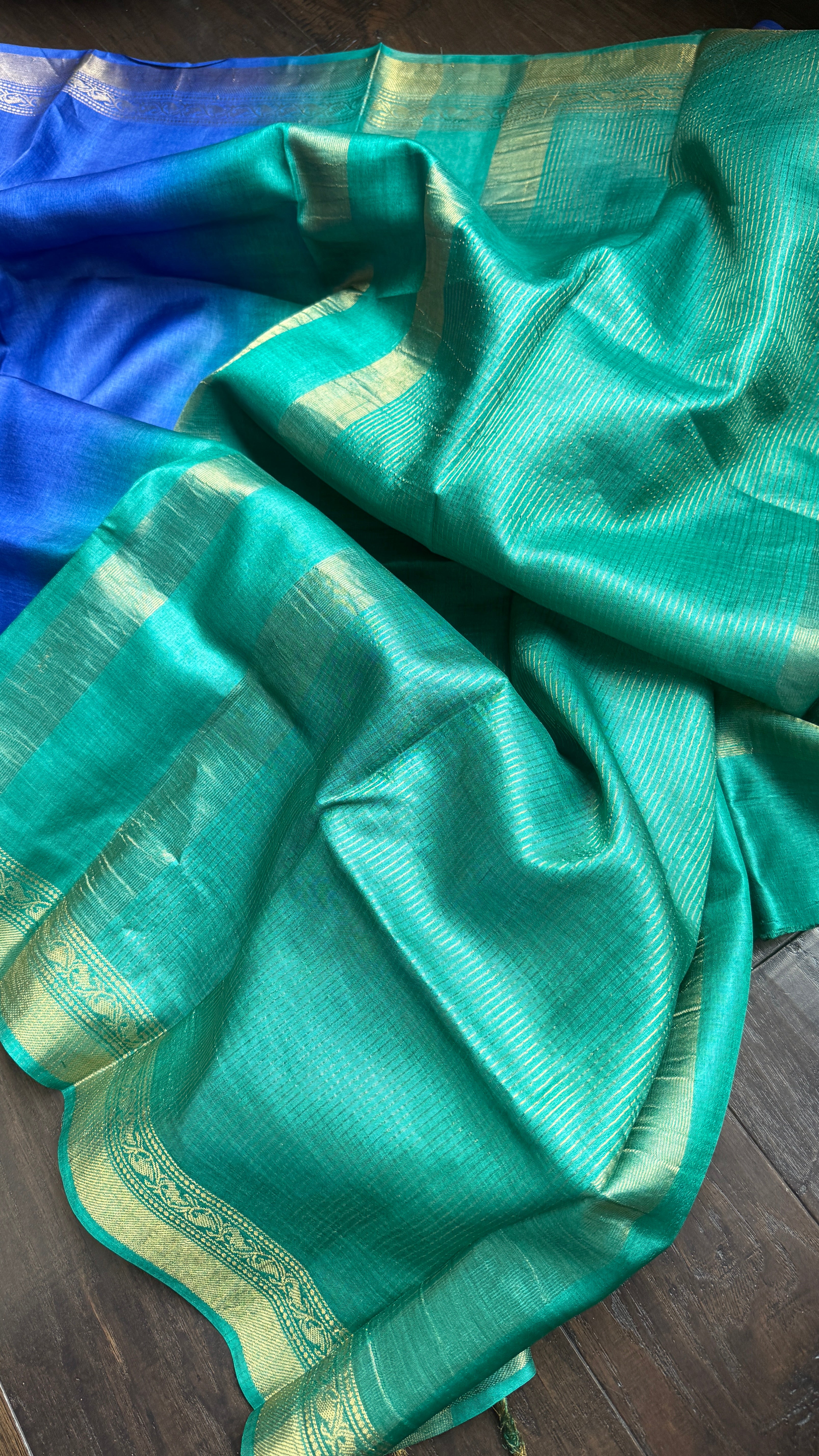 Handwoven Tussar Silk - Royal Blue Green Golden Zari