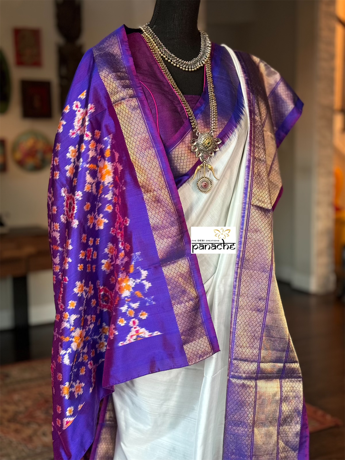 Pure Silk Ikat - White Purple Pochampally