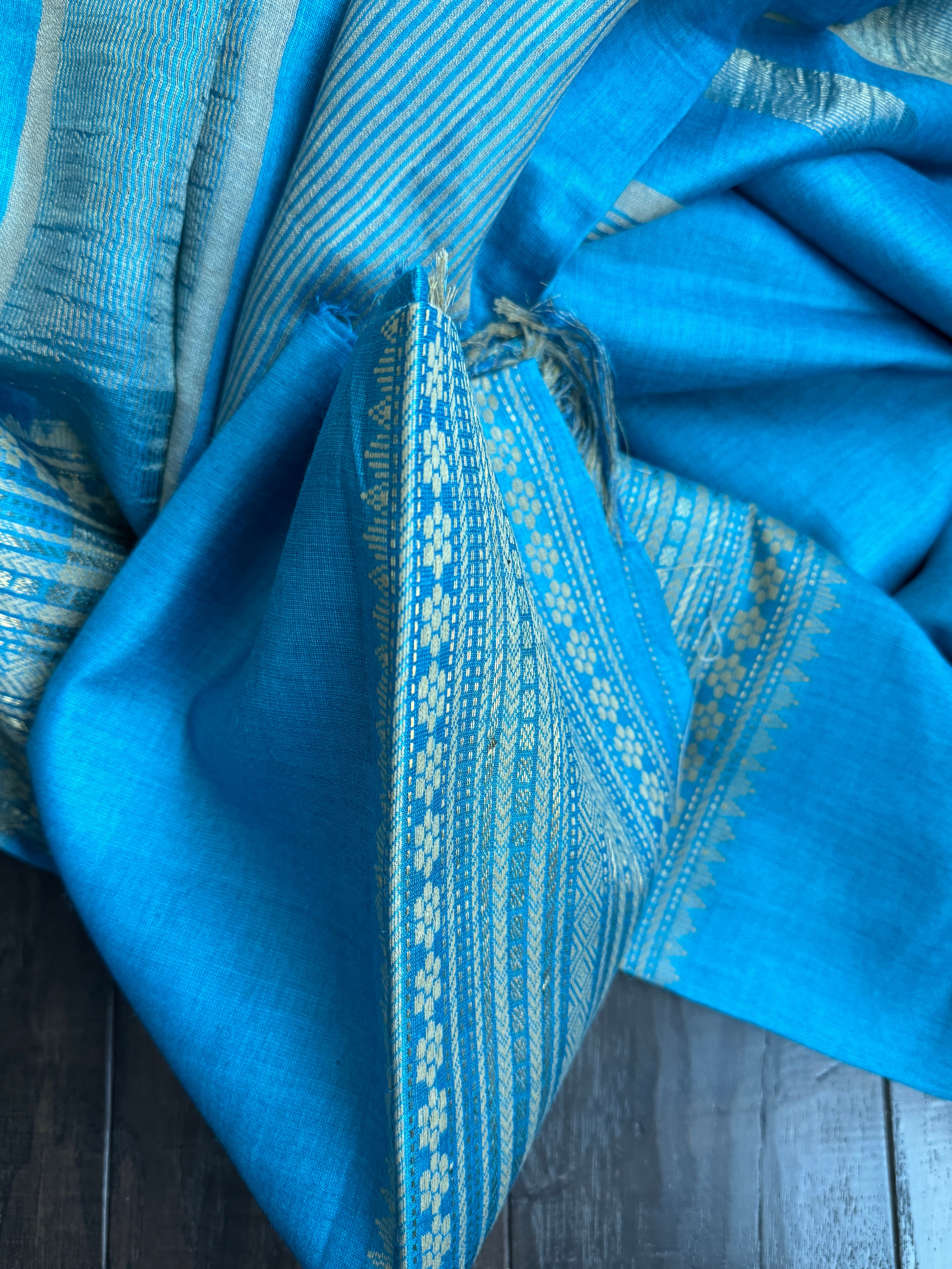 Handwoven Tussar Silk - Firozi Blue Golden Zari