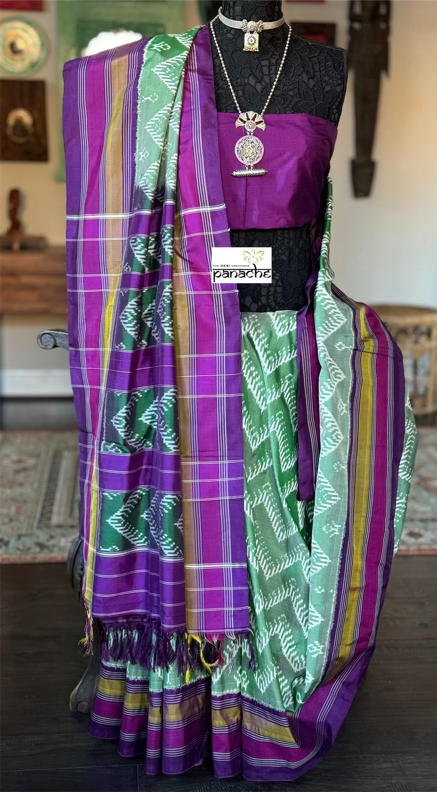 Pure Silk Ikat -  Green Purple Pochampally