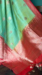 Pure Tassur Silk Banarasi - Sea Green Red