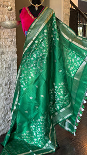 Pure Chanderi Silk - Green Silver Zari