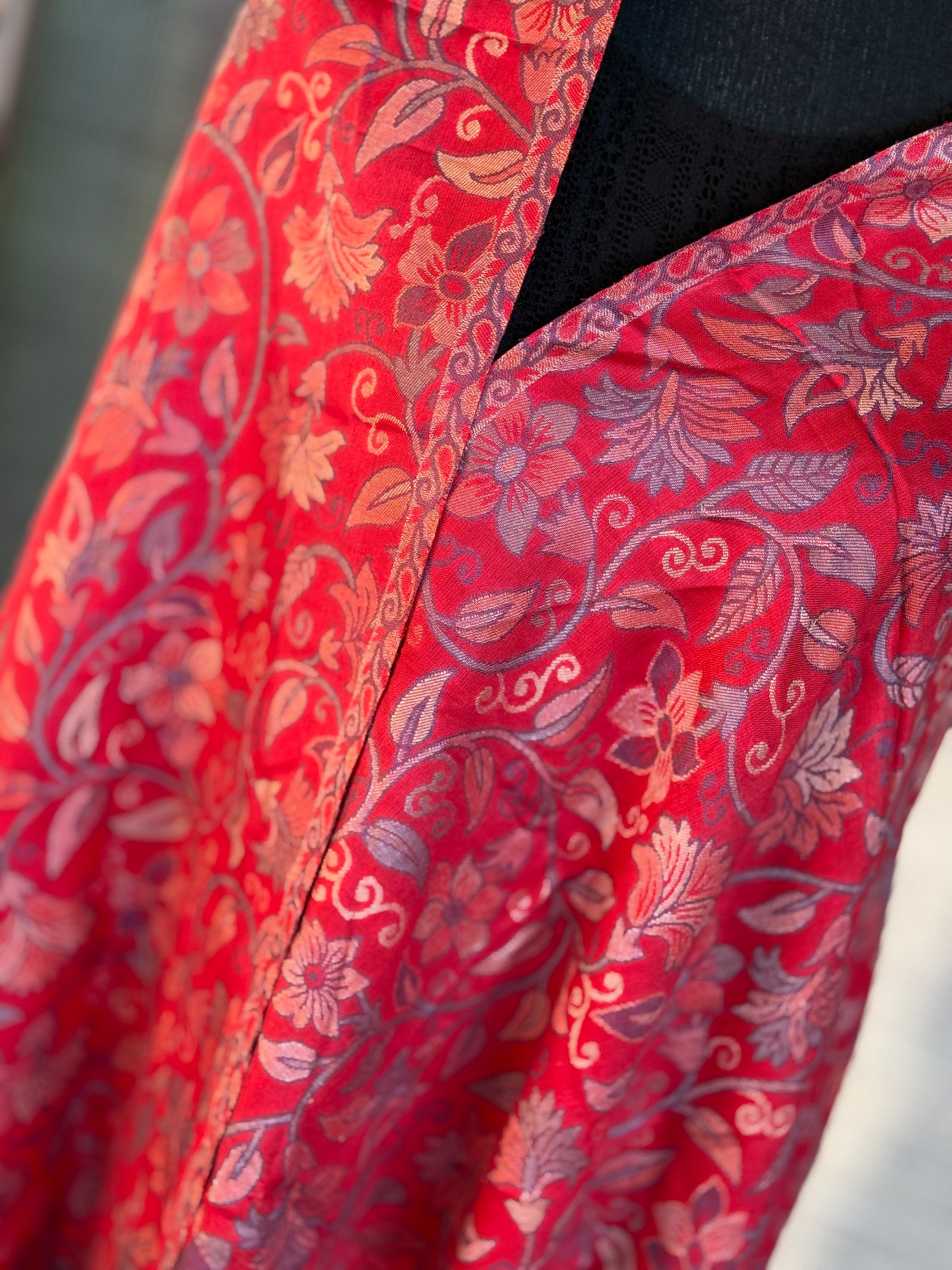 Kashmiri Semi Pashmina Stole - Red Multi 1 Resham Woven