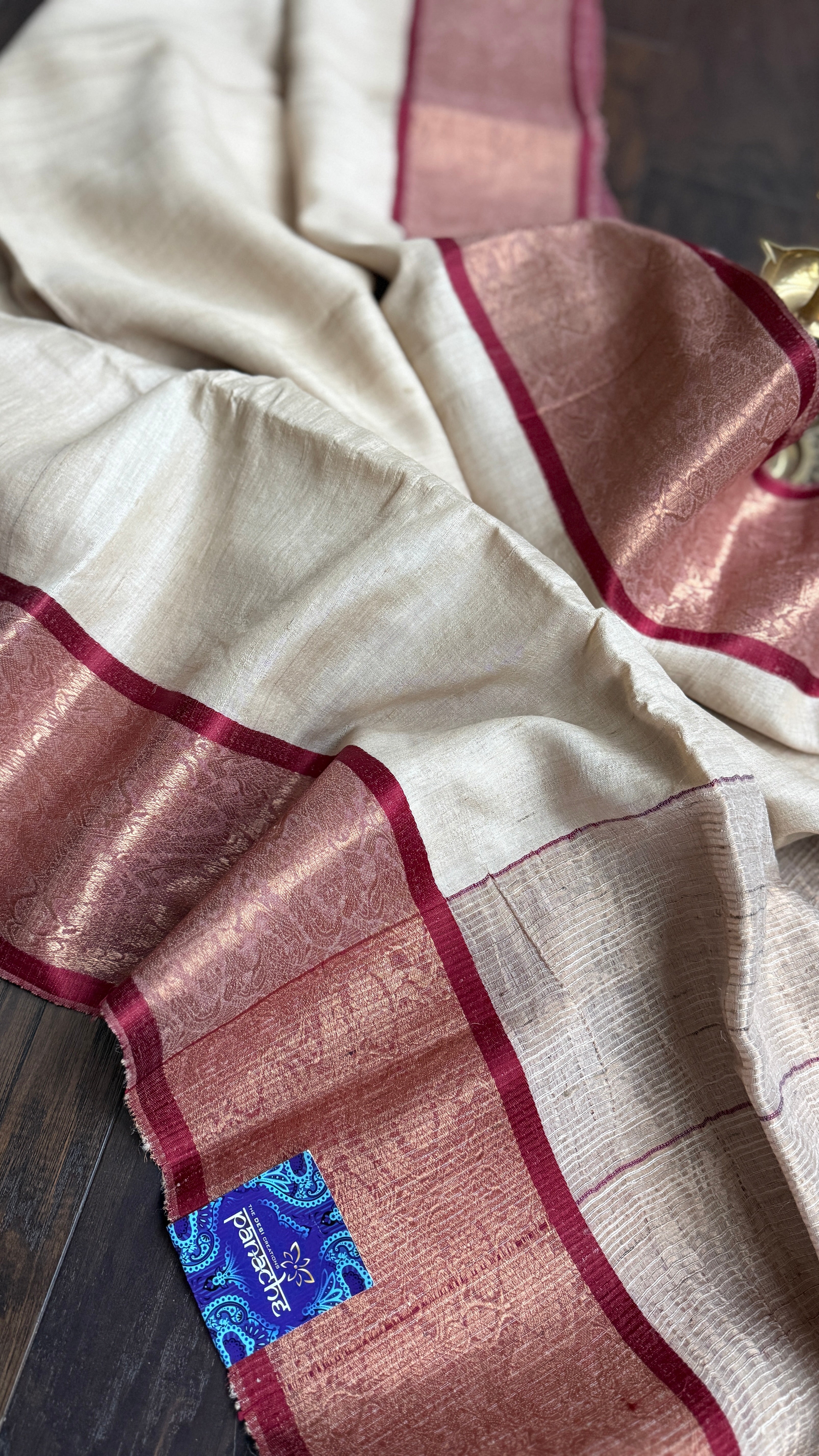 Pure Tussar Silk Handwoven - Tussar Beige Dark Maroon