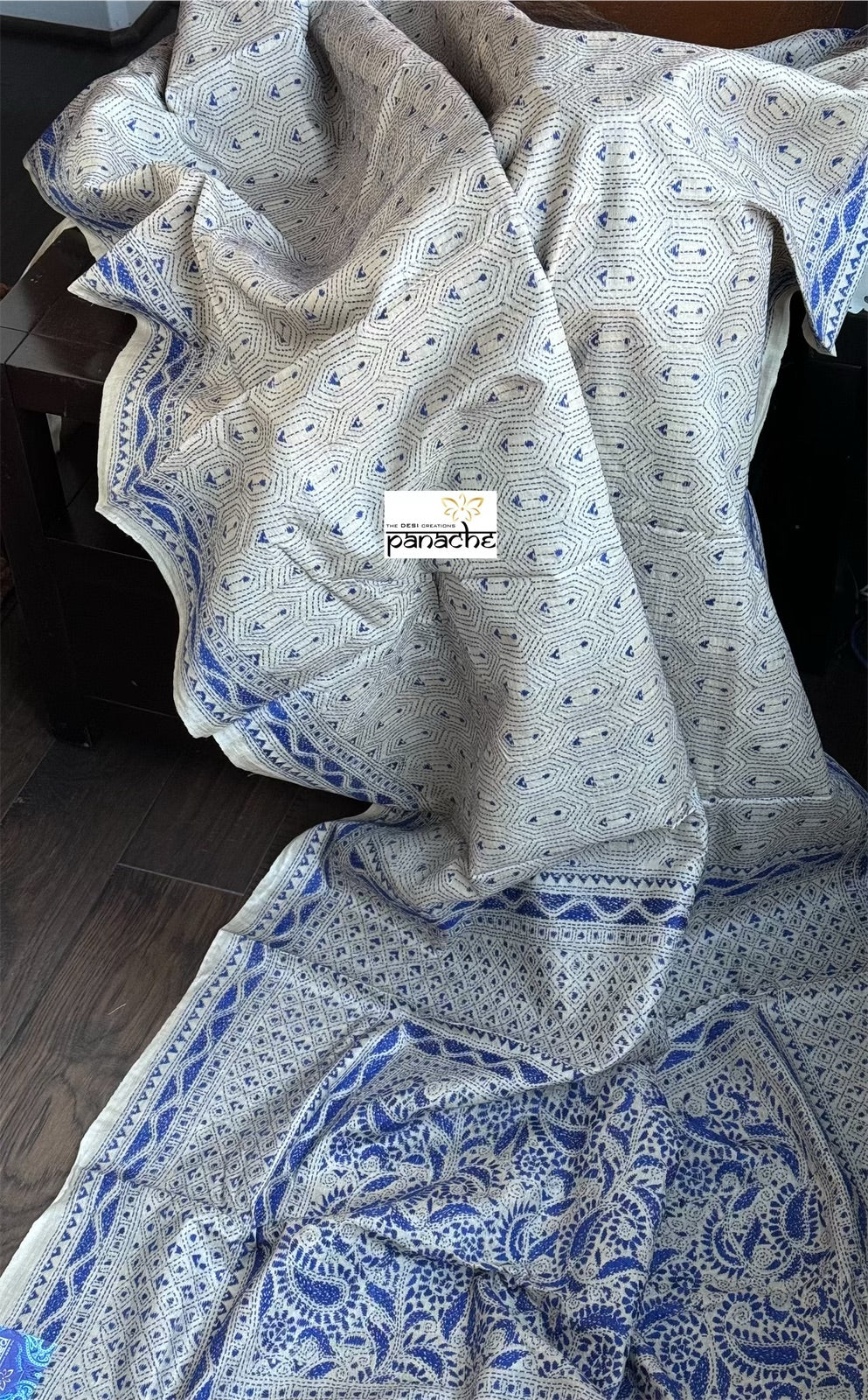 Pure Tussar Silk Kantha Stitch - Beige Blue