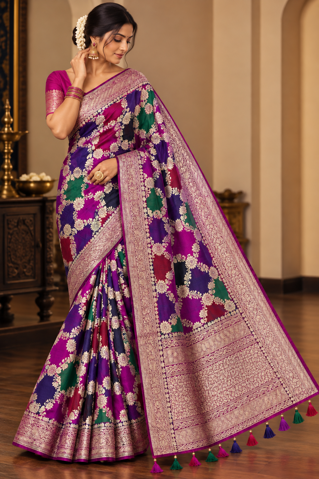 Pure Silk Banarasi - Purple Magenta Maroon Green