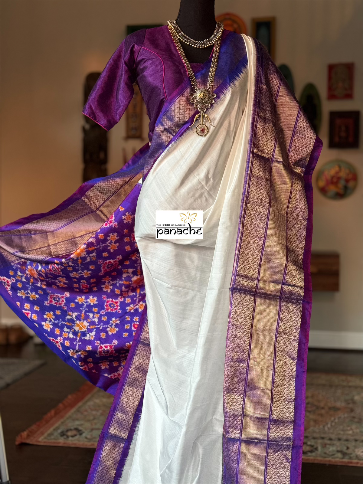 Pure Silk Ikat - White Purple Pochampally