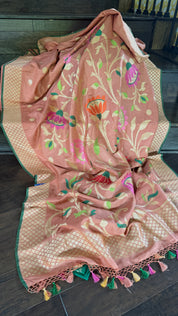 Khaddi Tussar Banarasi -  Gajri Pink Green Paithani