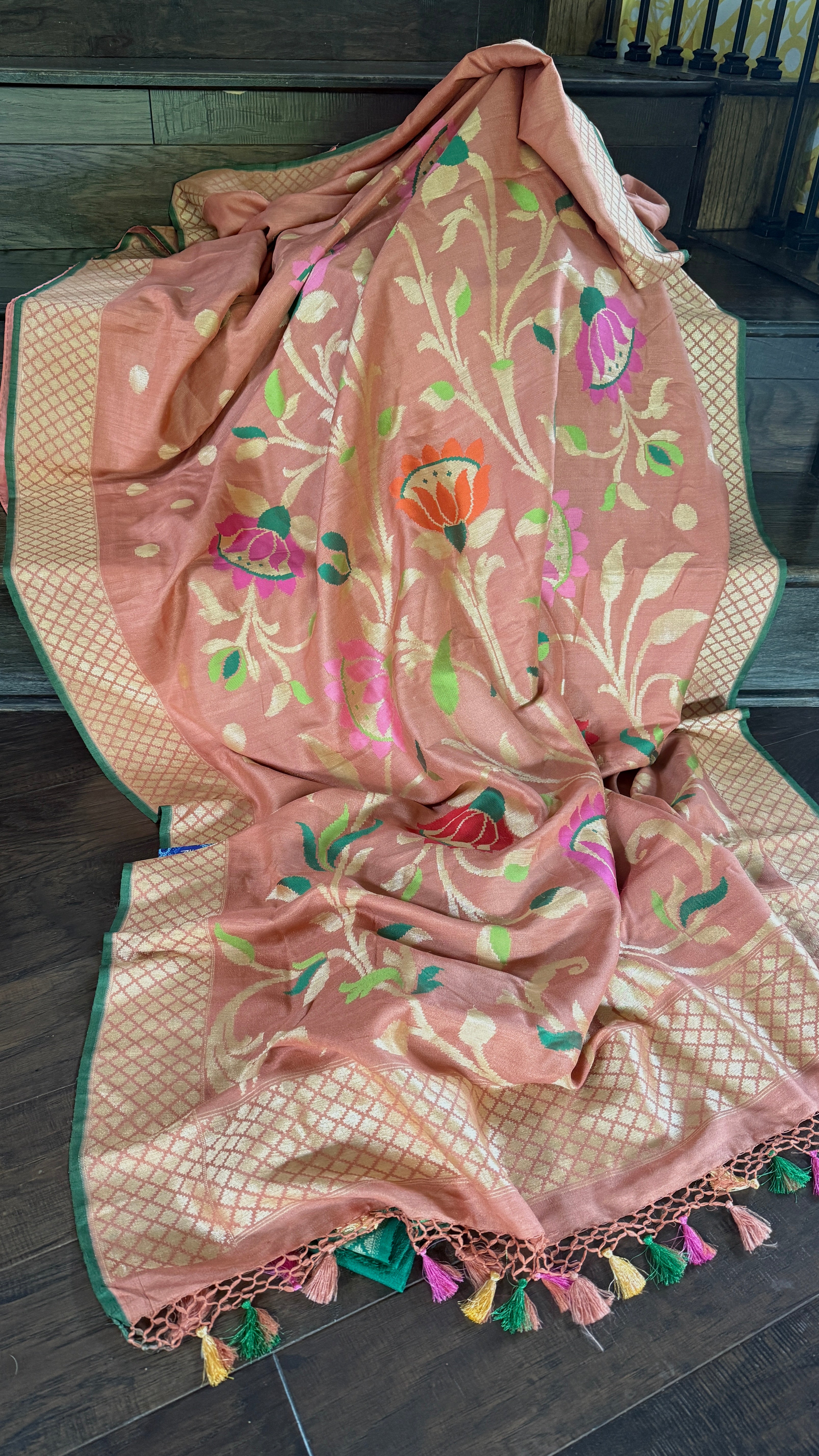 Khaddi Tussar Banarasi -  Gajri Pink Green Paithani