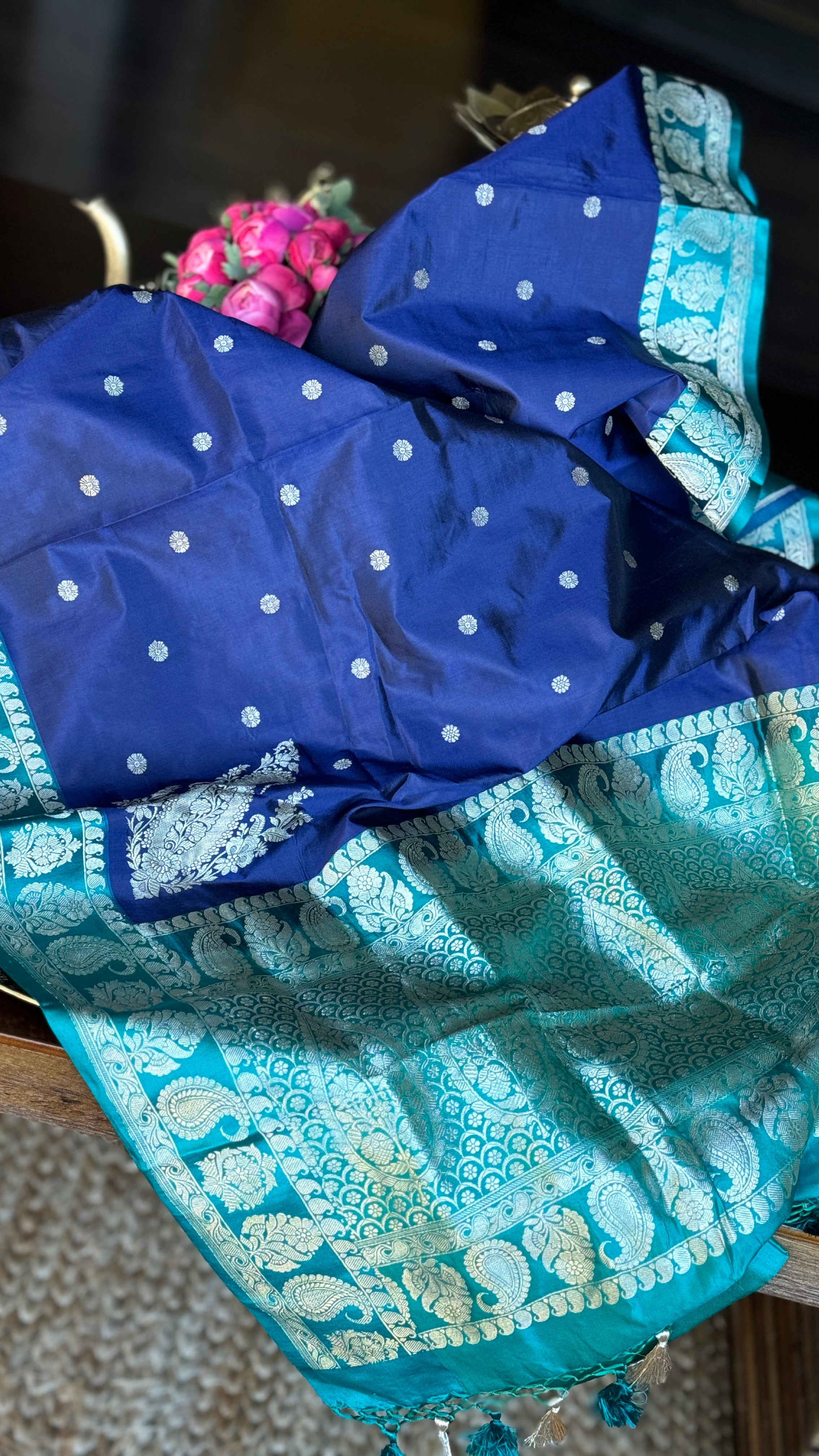 Pure Silk Katan Banarasi- Blue Sea green Kadhua