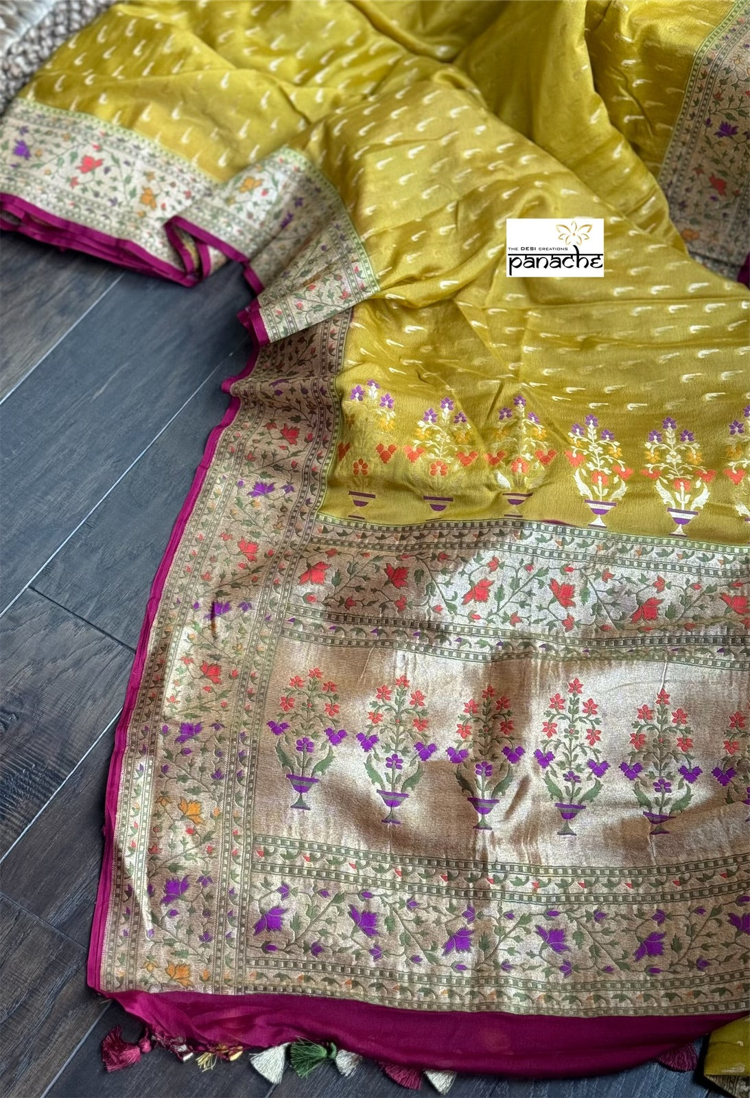 Khaddi Georgette Banarasi - Ochre Yellow Mahenta Paithani