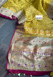 Khaddi Georgette Banarasi - Ochre Yellow Mahenta Paithani