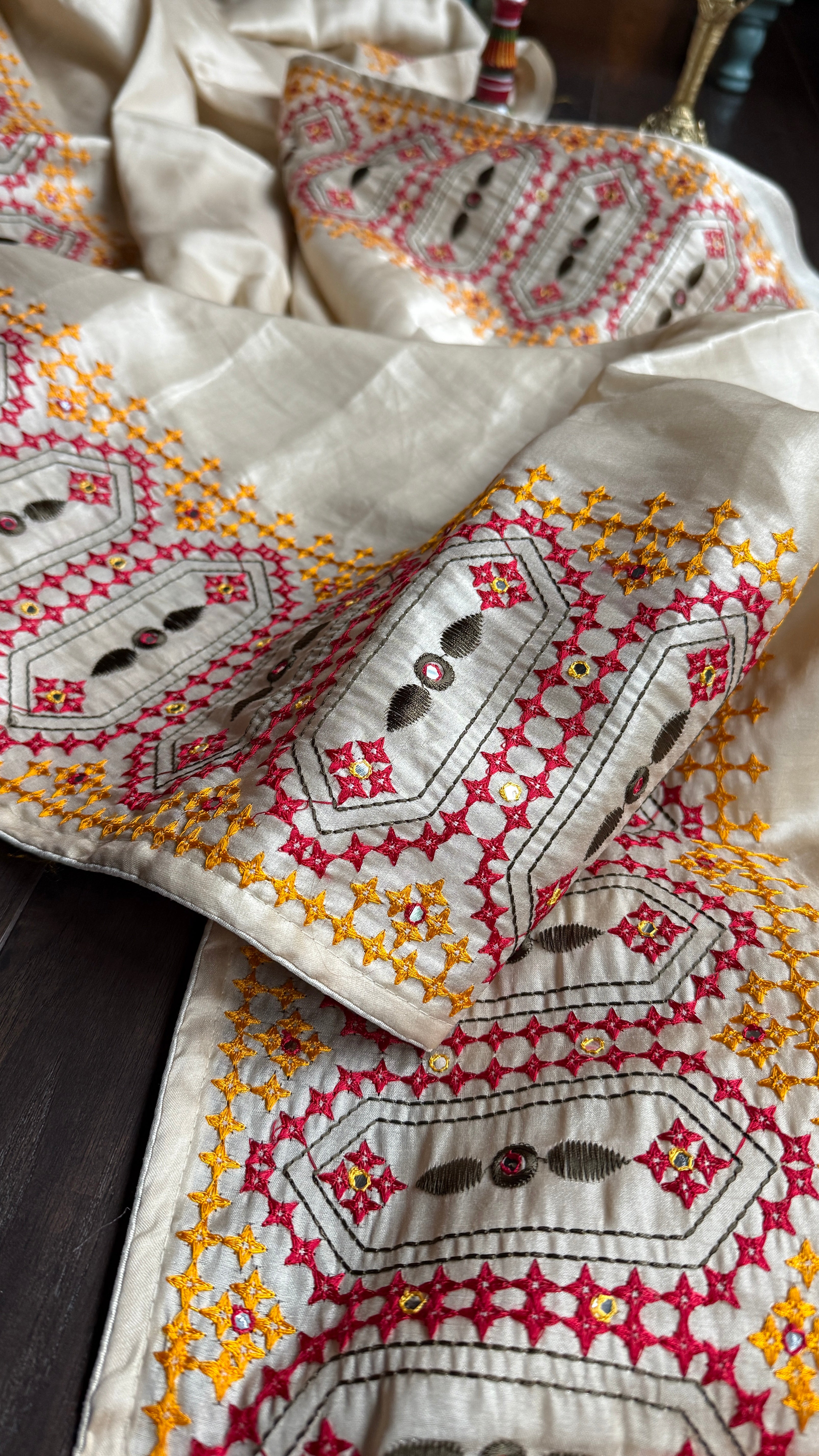 Soft Silk Kathiyawadi Embroidered - Beige
