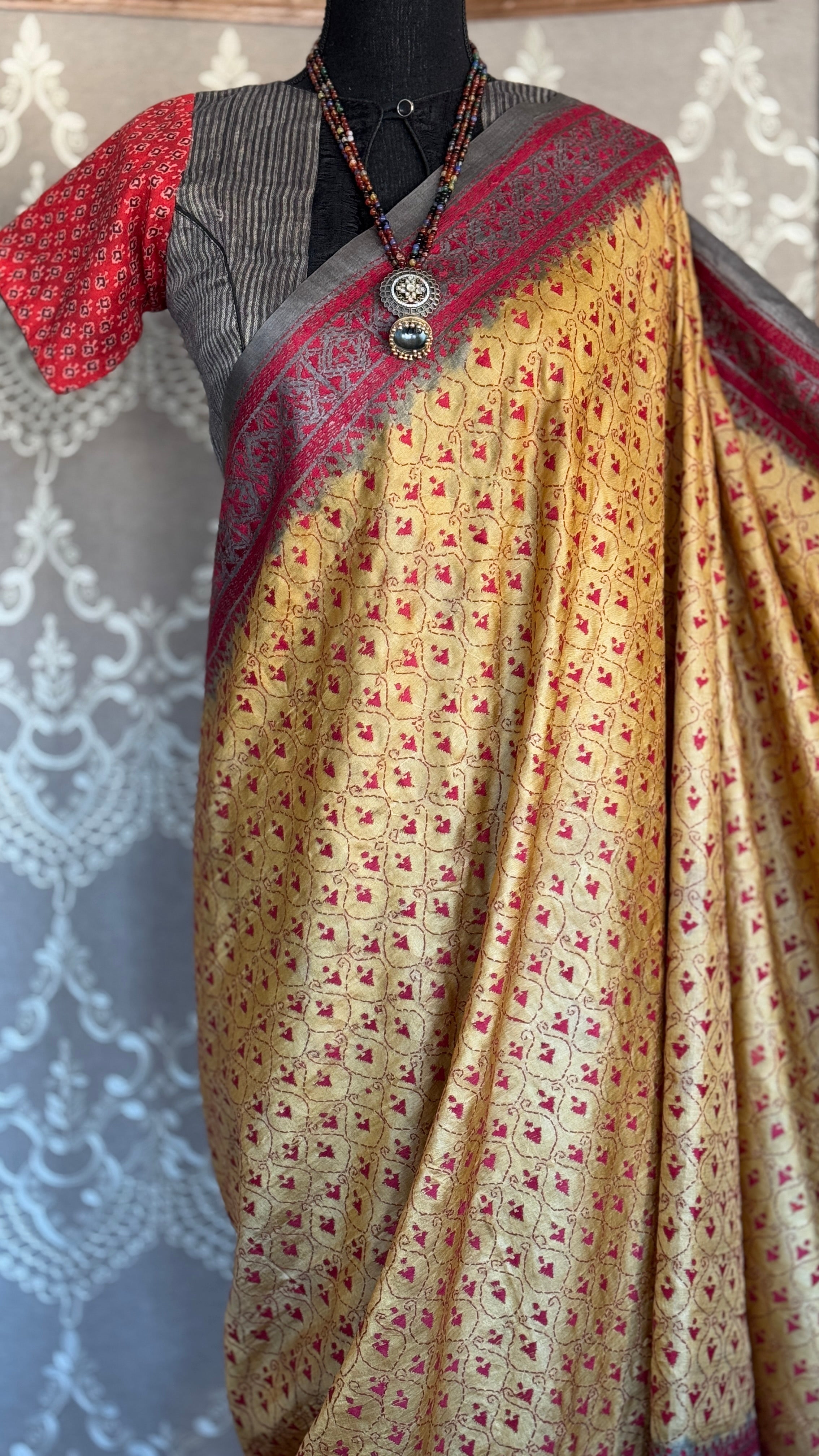 Pure Tussar Silk Kantha Stitch -  Yellow Red Grey