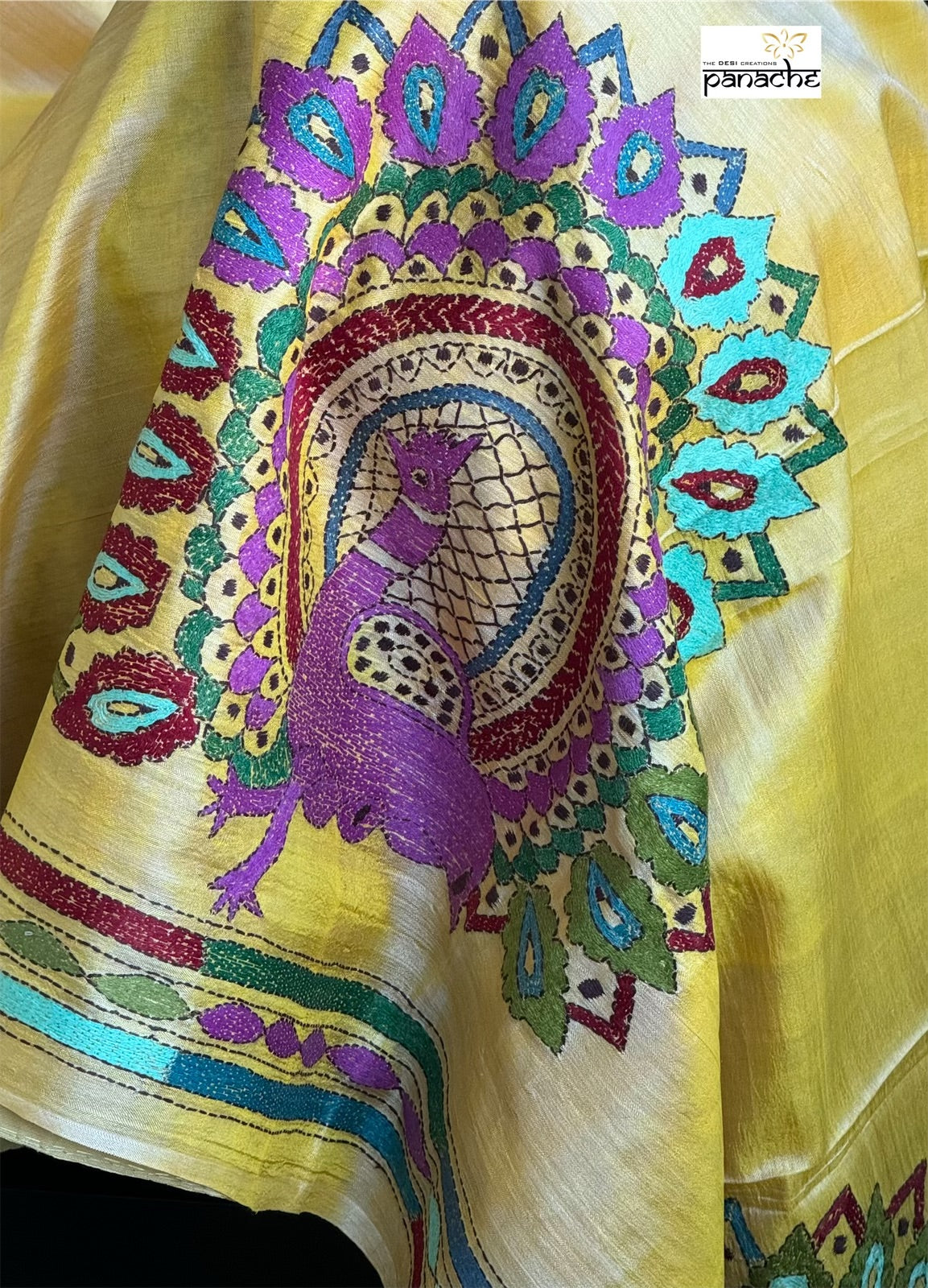 Pure Tussar Silk Kantha Stitch - Yellow