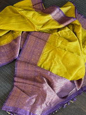 Tussar Silk Banarasi - Lemon Ochre Purple Antique Zari