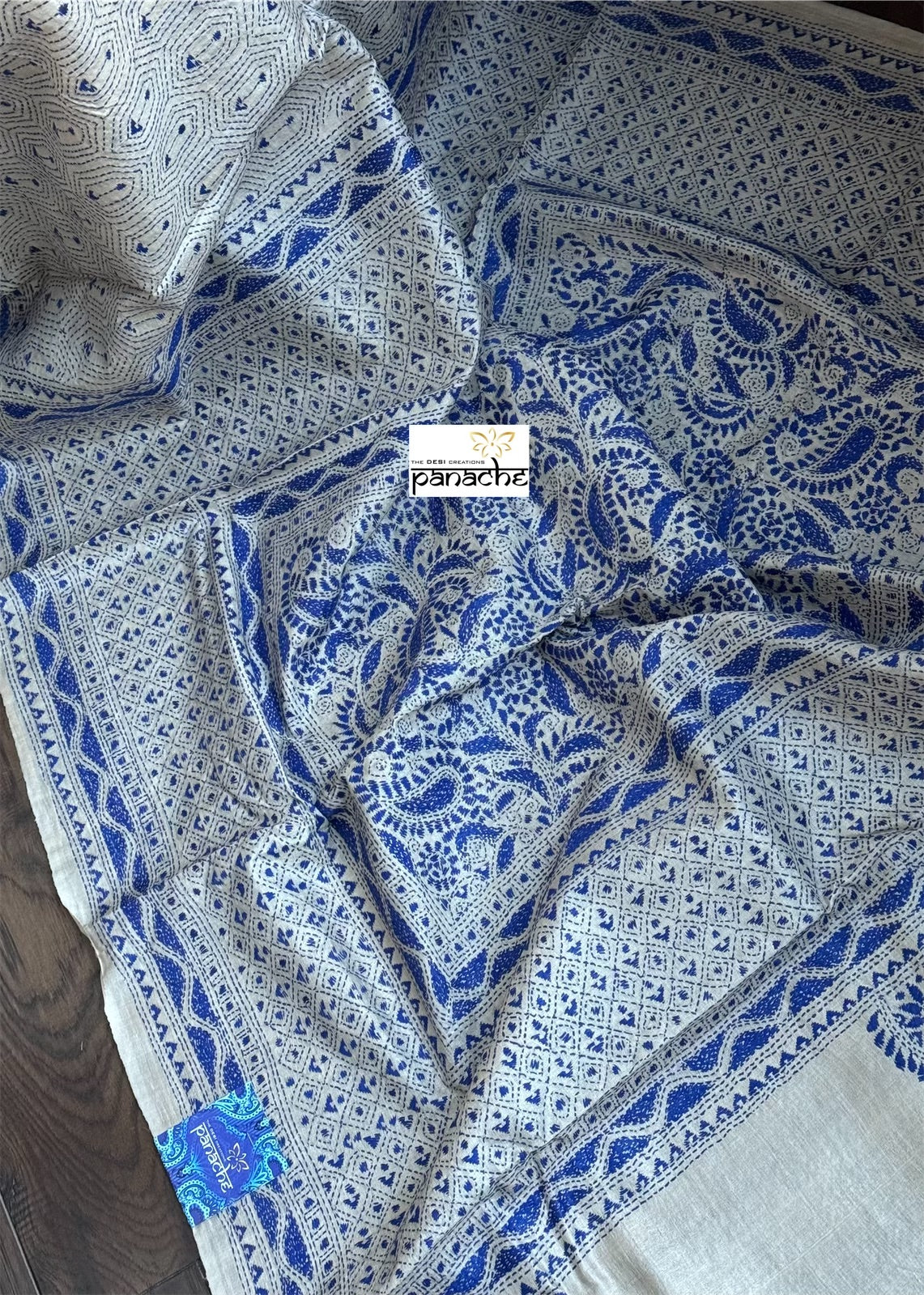 Pure Tussar Silk Kantha Stitch - Beige Blue