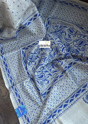 Pure Tussar Silk Kantha Stitch - Beige Blue