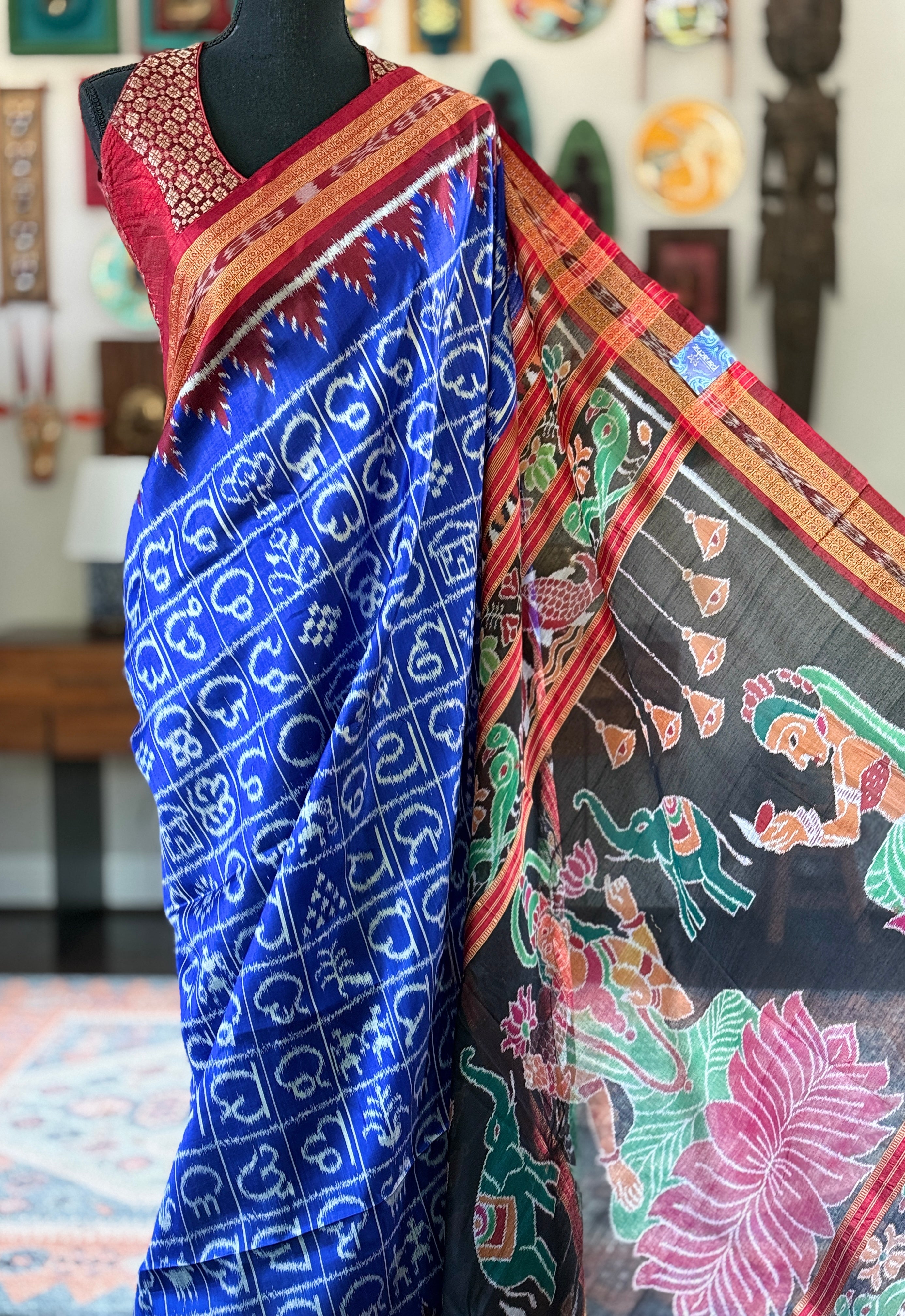 Pure Silk Sambalpuri Double ikat  - Royal Blue Maroon