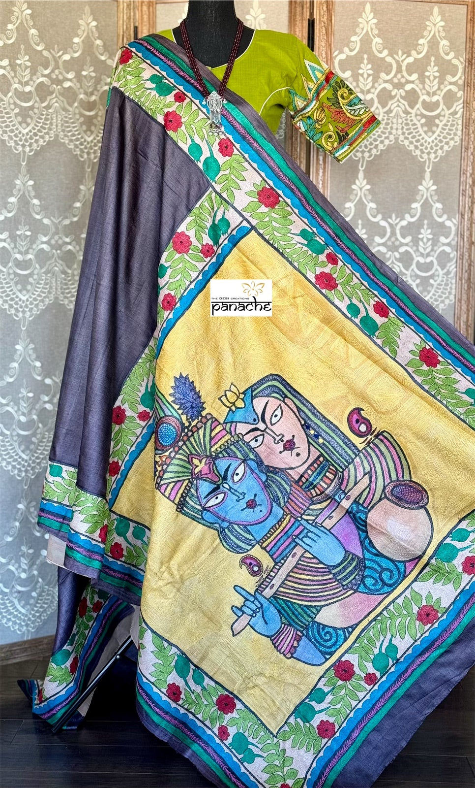 Pure Tussar Silk Sujni Kantha Stitch - Eggplant Brown color Radha-Krishna