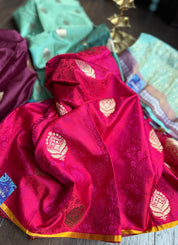 Designer Pure Silk Mashru Tanchoi Banarasi- Dark Magenta Yellow