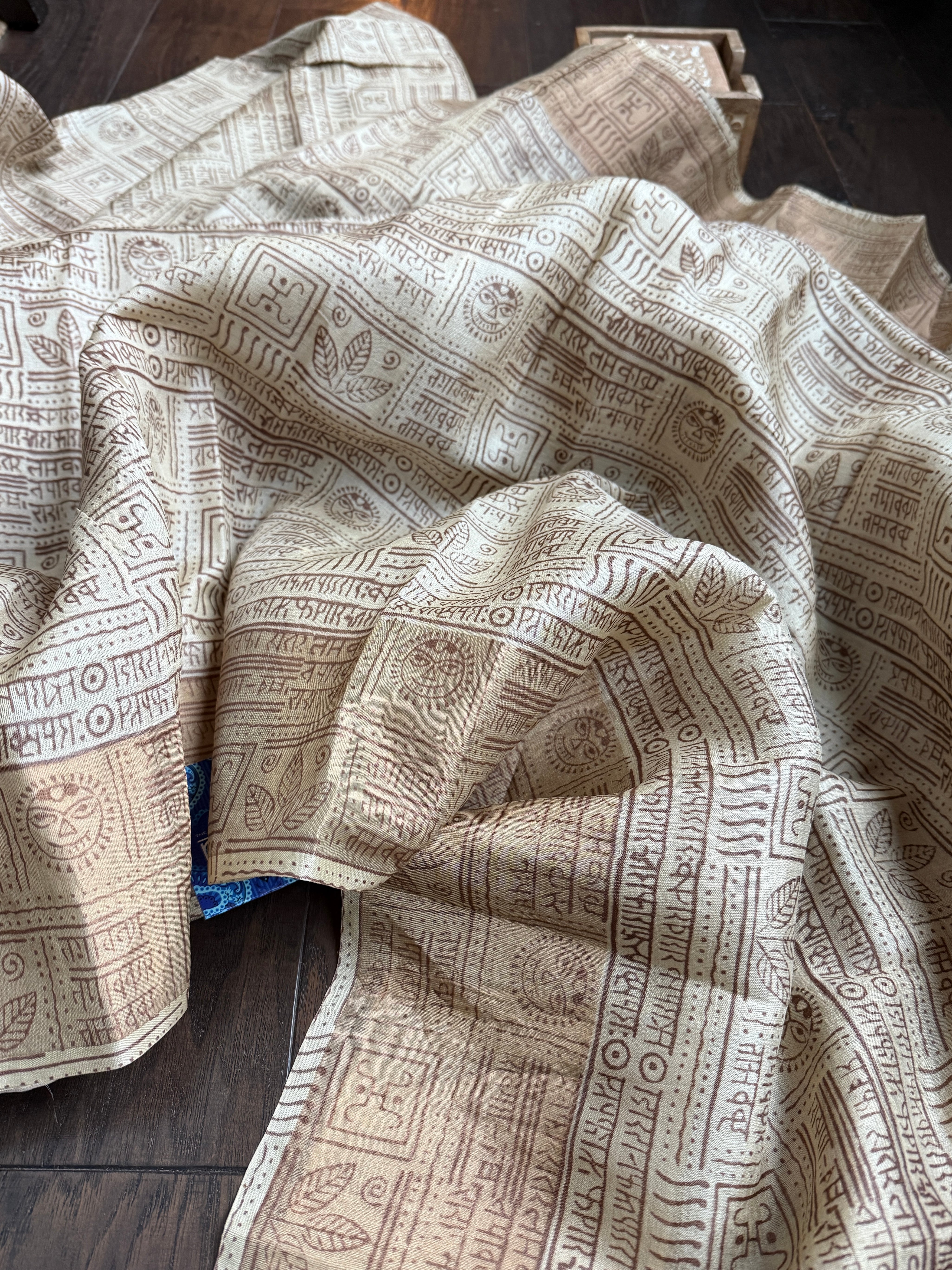 Pure Tussar Silk Script Printed -  Tan Beige Brown