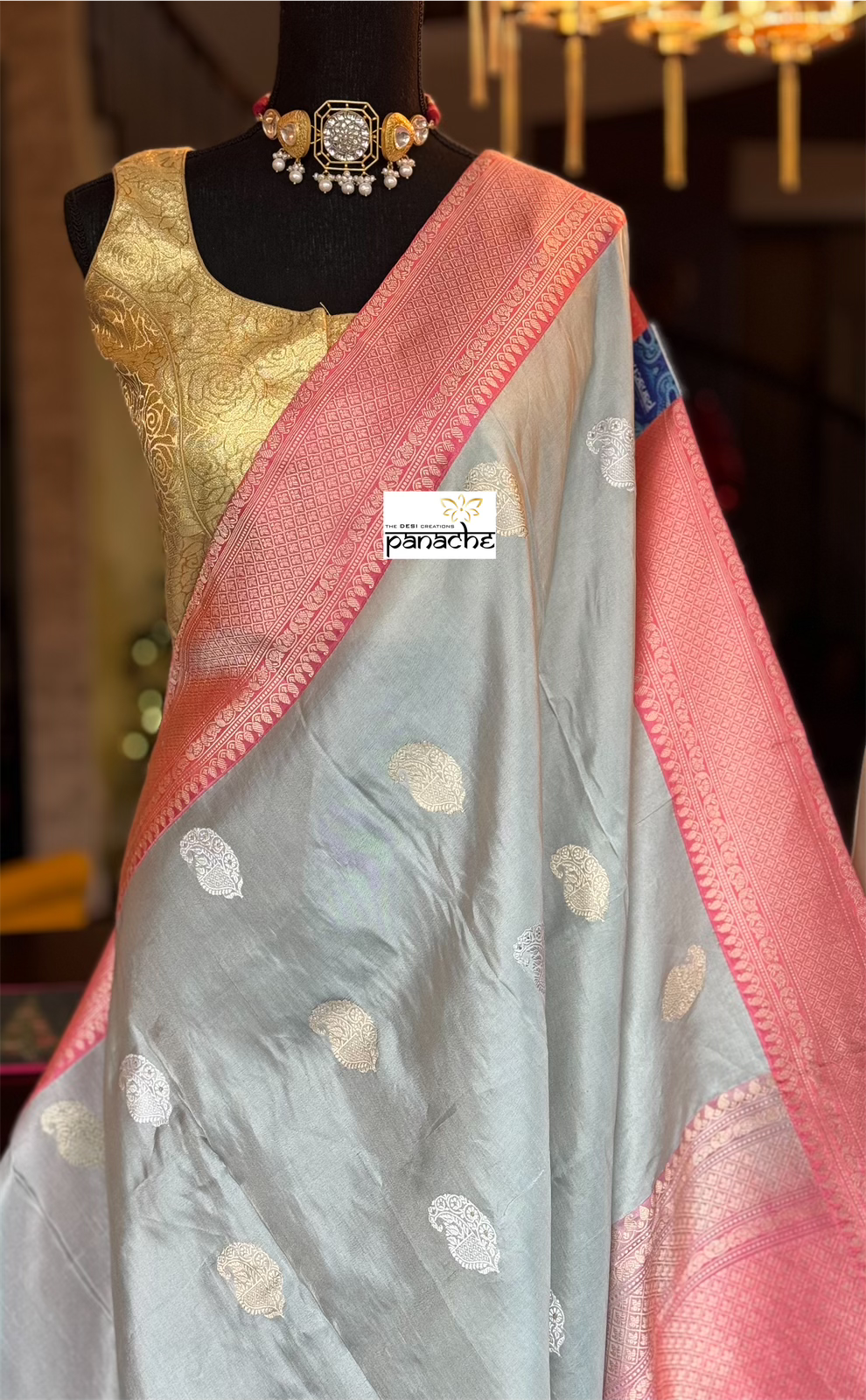 Pure Tissue Katan Silk Banarasi - Silver Grey Pink Woven