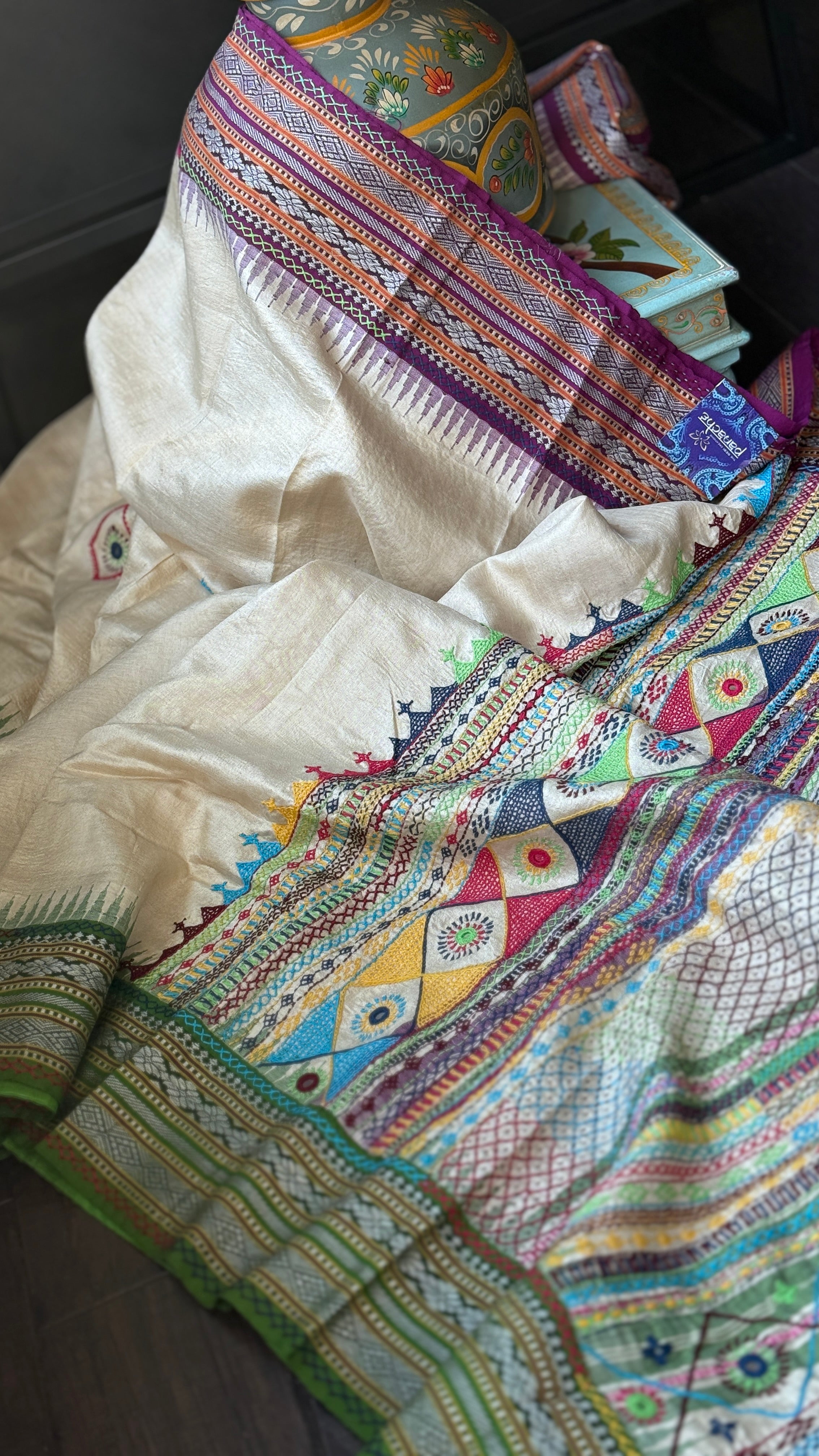 Pure Vidarbha Tussar Lambani - Beige Hand Embroidered