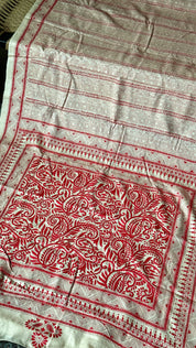 Pure Tussar Silk Kantha Stitch -  Beige Red