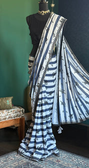 Designer Georgette- White Blue Black