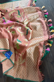 Khaddi Tussar Banarasi -  Gajri Pink Green Paithani