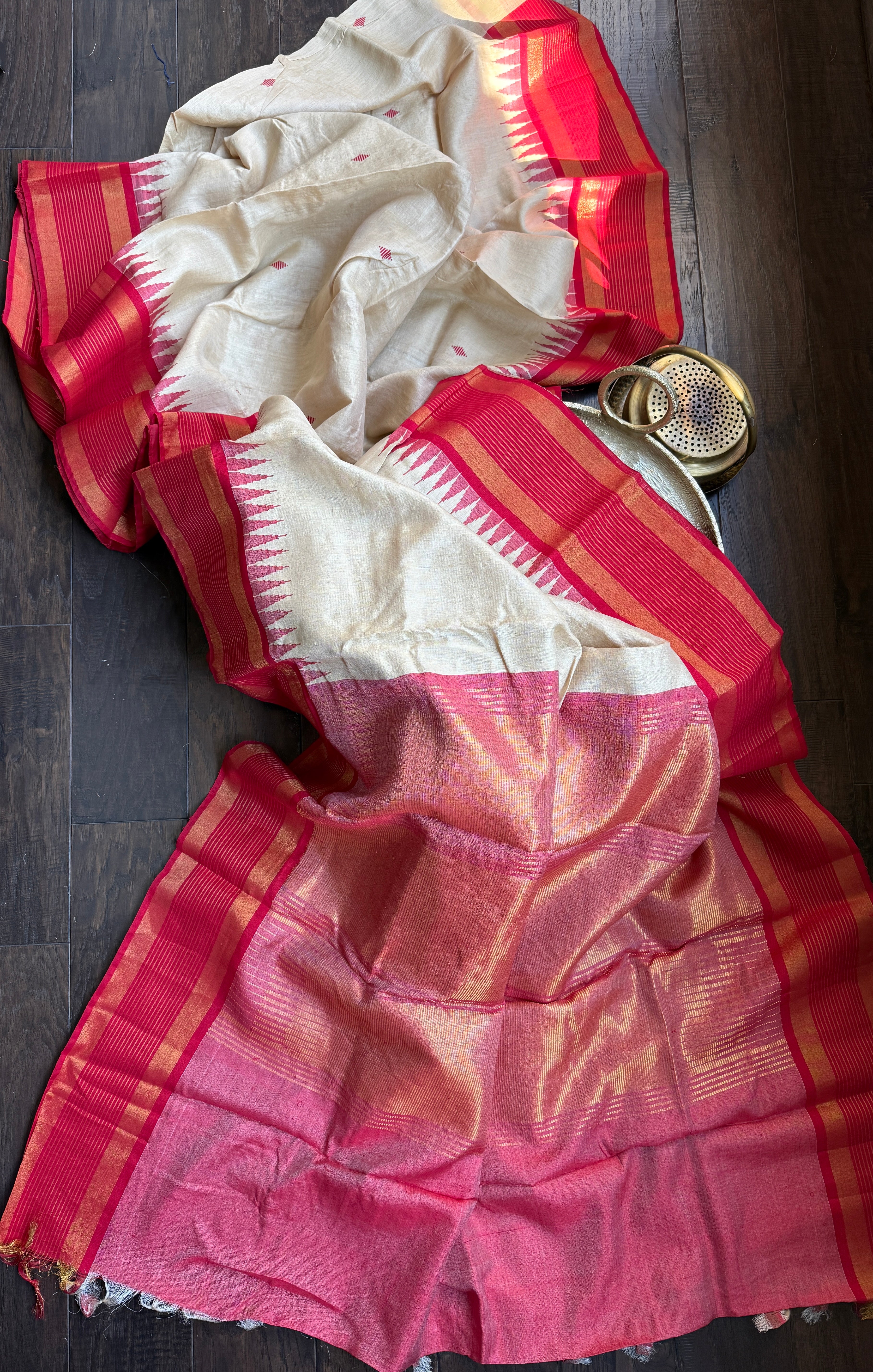 Pure Tussar Silk - Beige Red Zari Stripes