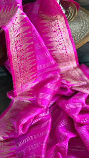 Pure Katan Silk Banarasi - Pink Checkered
