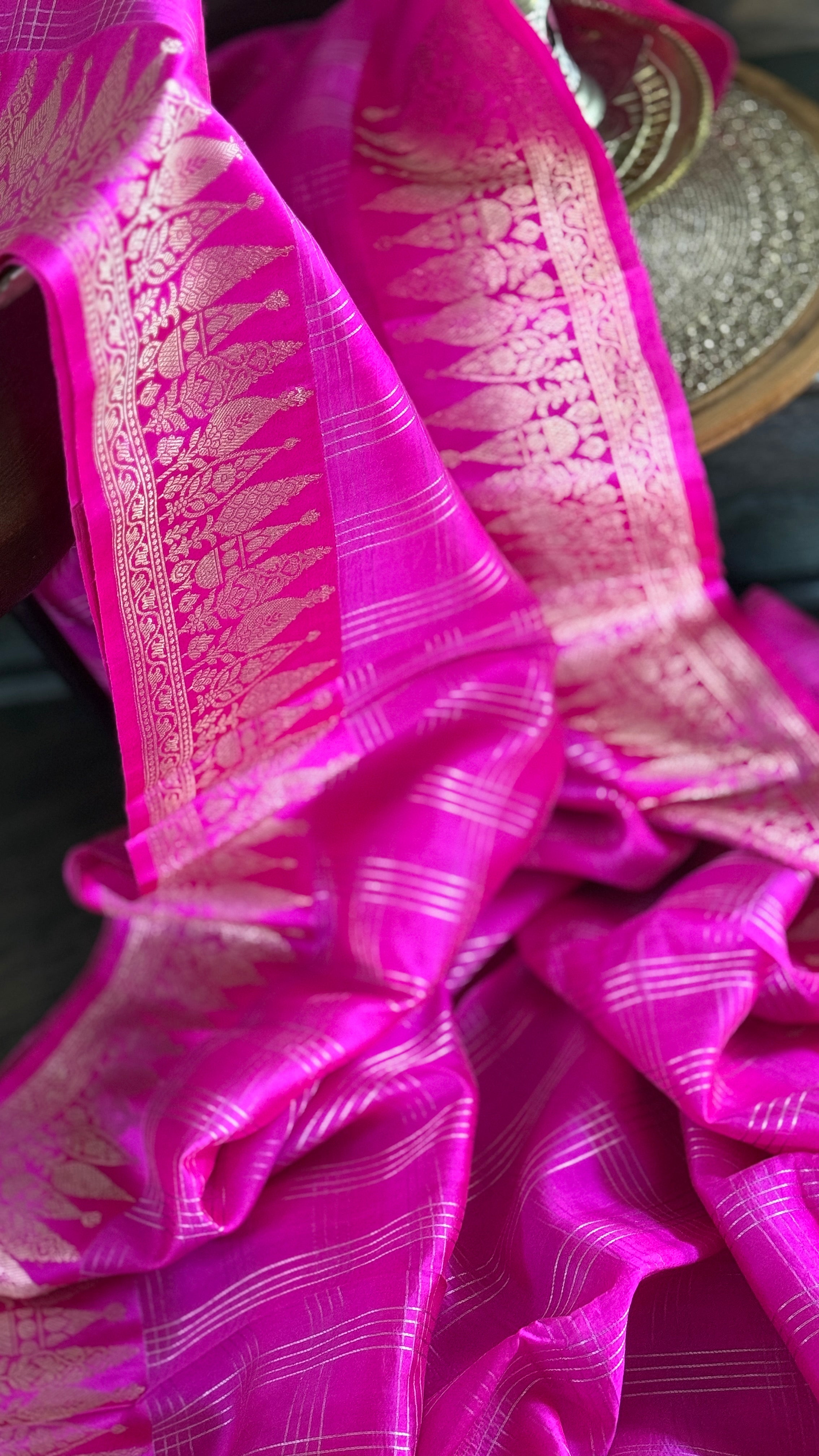 Pure Katan Silk Banarasi - Pink Checkered