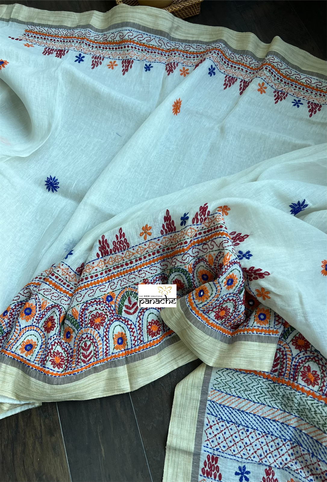 Pure Linen Silk Lambani - Off White Hand Embroidered